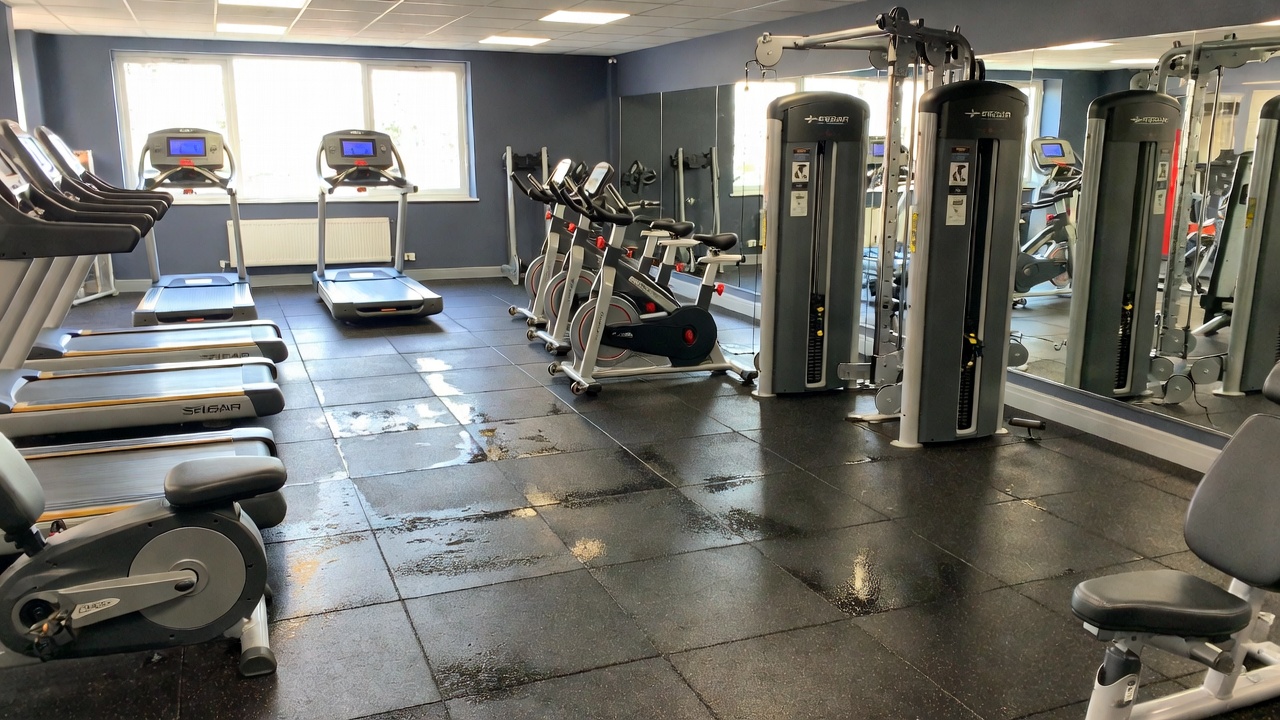Modern gym with blue walls and mirrored walls